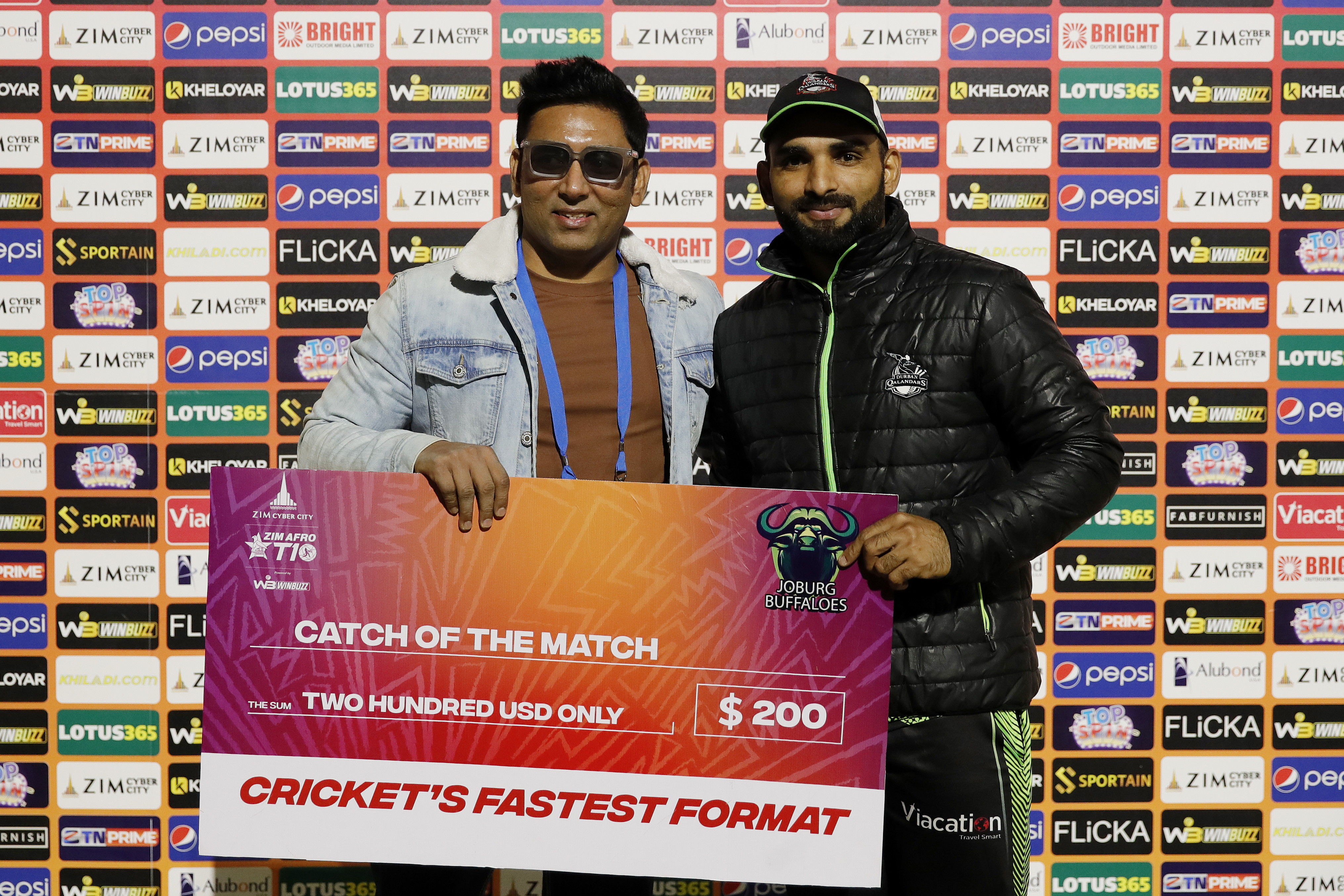 Asif Ali of Durban Qalandars with Catch of the Match Award during match 5 of the Zim Afro T10 League between the Durban Qalandars and the Johannesburg Buffaloes held at the Harare Sports Club in the Zimbabwe on the 22nd July 2023Photo by Saikat Das / ACEIMAGES for Zim Afro T10
