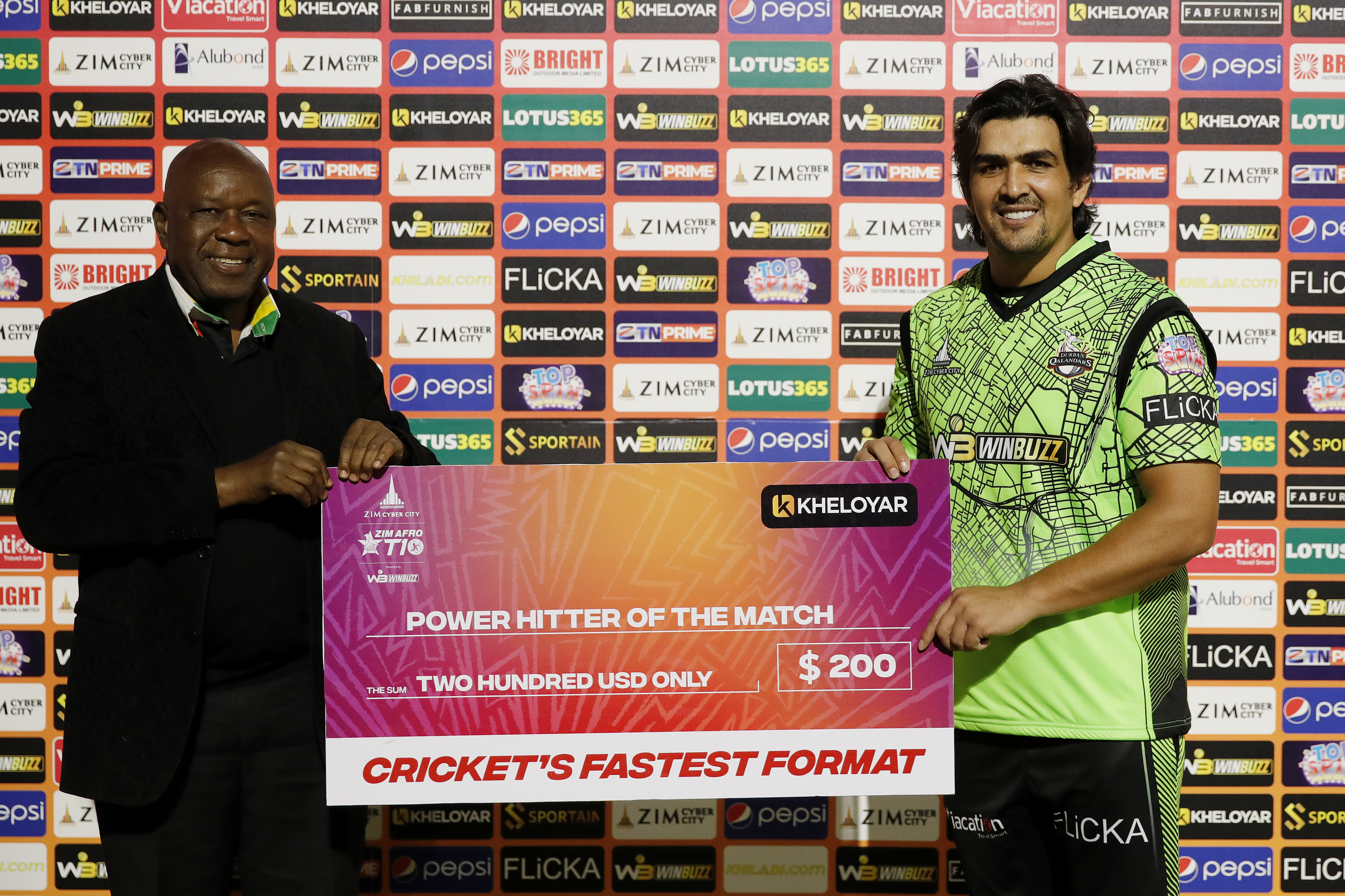 Hazratullah Zazai of Durban Qalandars with Power Hitter of the Match award during match 5 of the Zim Afro T10 League between the Durban Qalandars and the Johannesburg Buffaloes held at the Harare Sports Club in the Zimbabwe on the 22nd July 2023Photo by Saikat Das / ACEIMAGES for Zim Afro T10