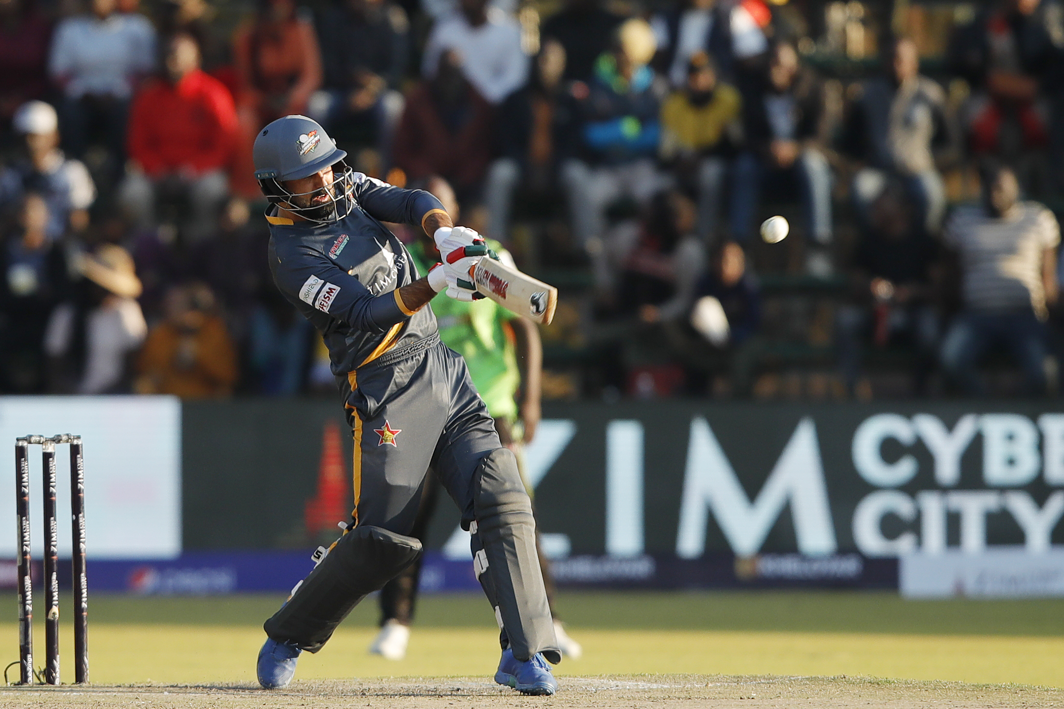 Mohamed Nabi of Harare Hurricanes hitting a over boundary during match 7 of the Zim Afro T10 League between the Durban Qalandars and the Harare Hurricanes held at the Harare Sports Club in the Zimbabwe on the 23rd July 2023Photo by Saikat Das / ACEIMAGES for Zim Afro T10