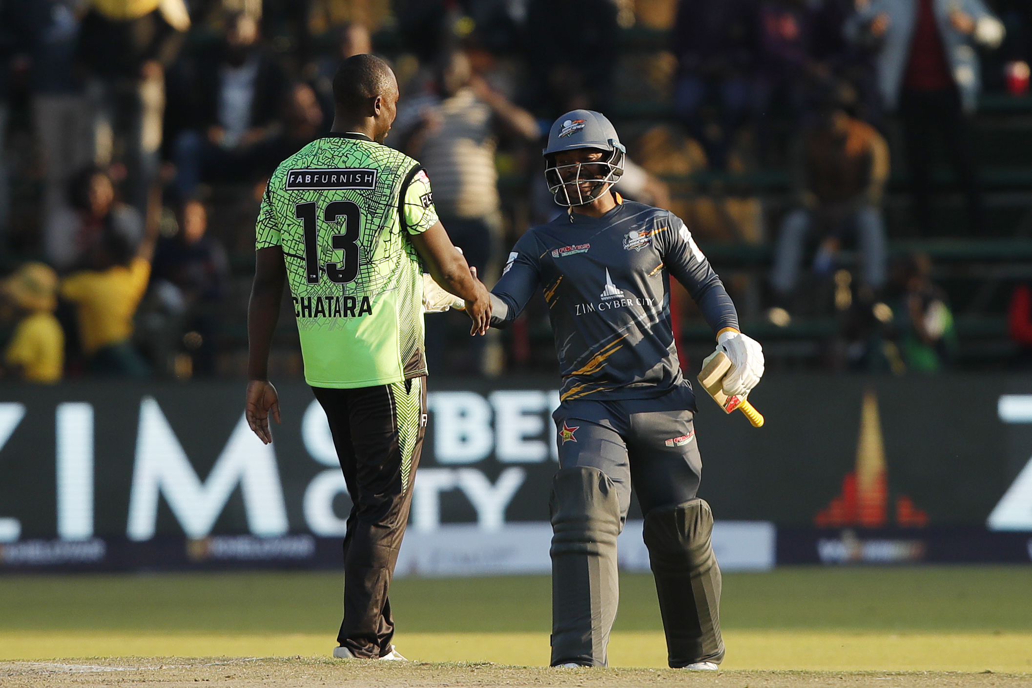 Regis Chakabva of Harare Hurricanes celebrating win during match 7 of the Zim Afro T10 League between the Durban Qalandars and the Harare Hurricanes held at the Harare Sports Club in the Zimbabwe on the 23rd July 2023Photo by Saikat Das / ACEIMAGES for Zim Afro T10