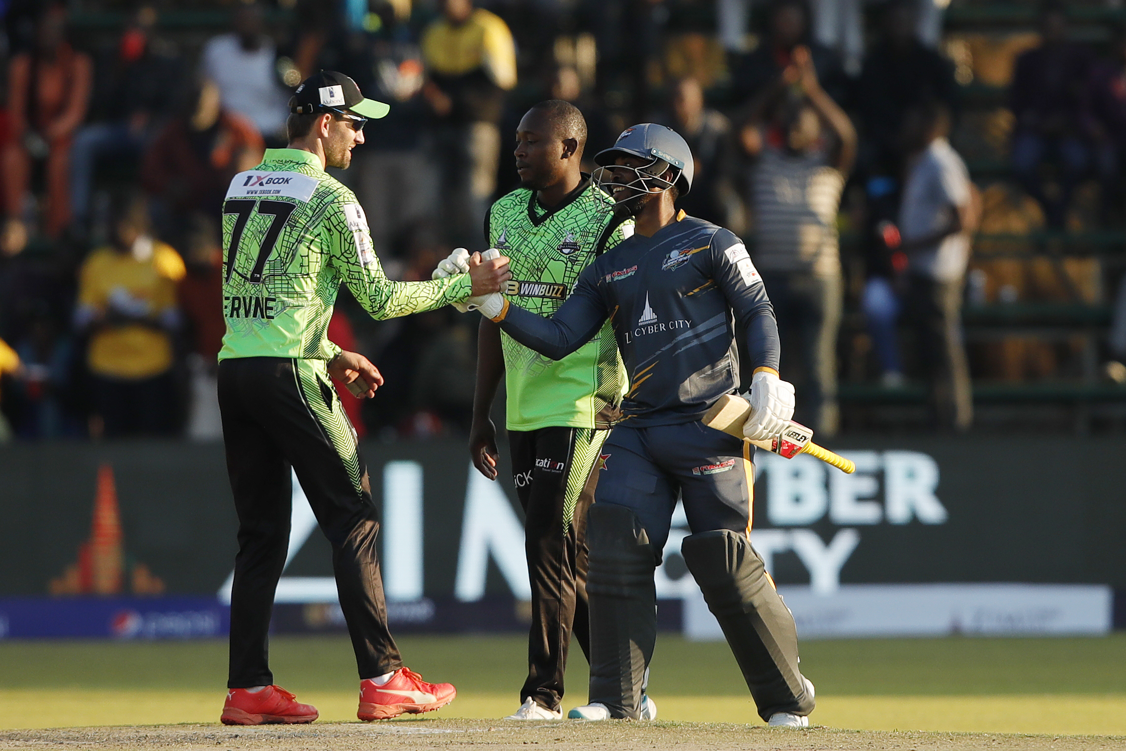 Regis Chakabva of Harare Hurricanes celebrating win during match 7 of the Zim Afro T10 League between the Durban Qalandars and the Harare Hurricanes held at the Harare Sports Club in the Zimbabwe on the 23rd July 2023Photo by Saikat Das / ACEIMAGES for Zim Afro T10