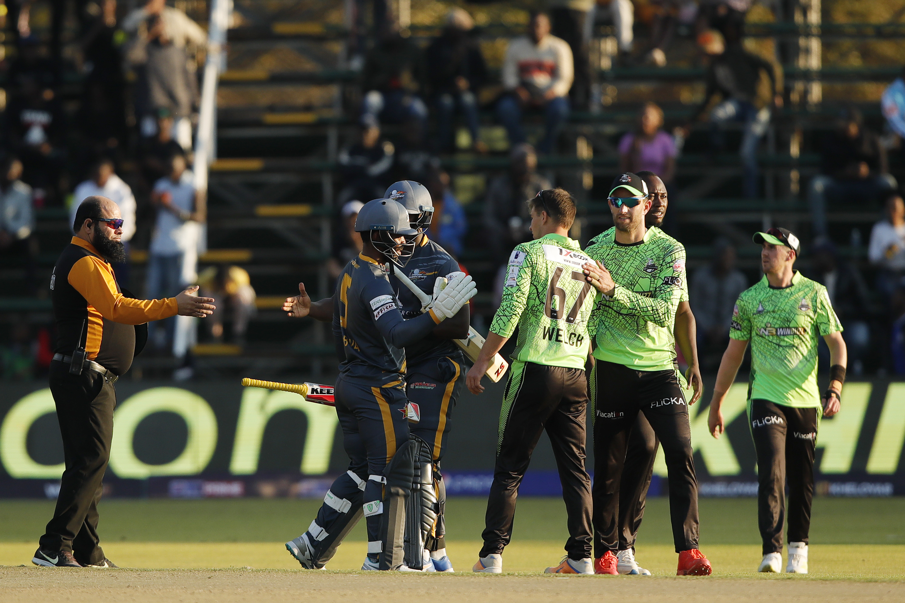 Regis Chakabva of Harare Hurricanes celebrating win during match 7 of the Zim Afro T10 League between the Durban Qalandars and the Harare Hurricanes held at the Harare Sports Club in the Zimbabwe on the 23rd July 2023Photo by Saikat Das / ACEIMAGES for Zim Afro T10