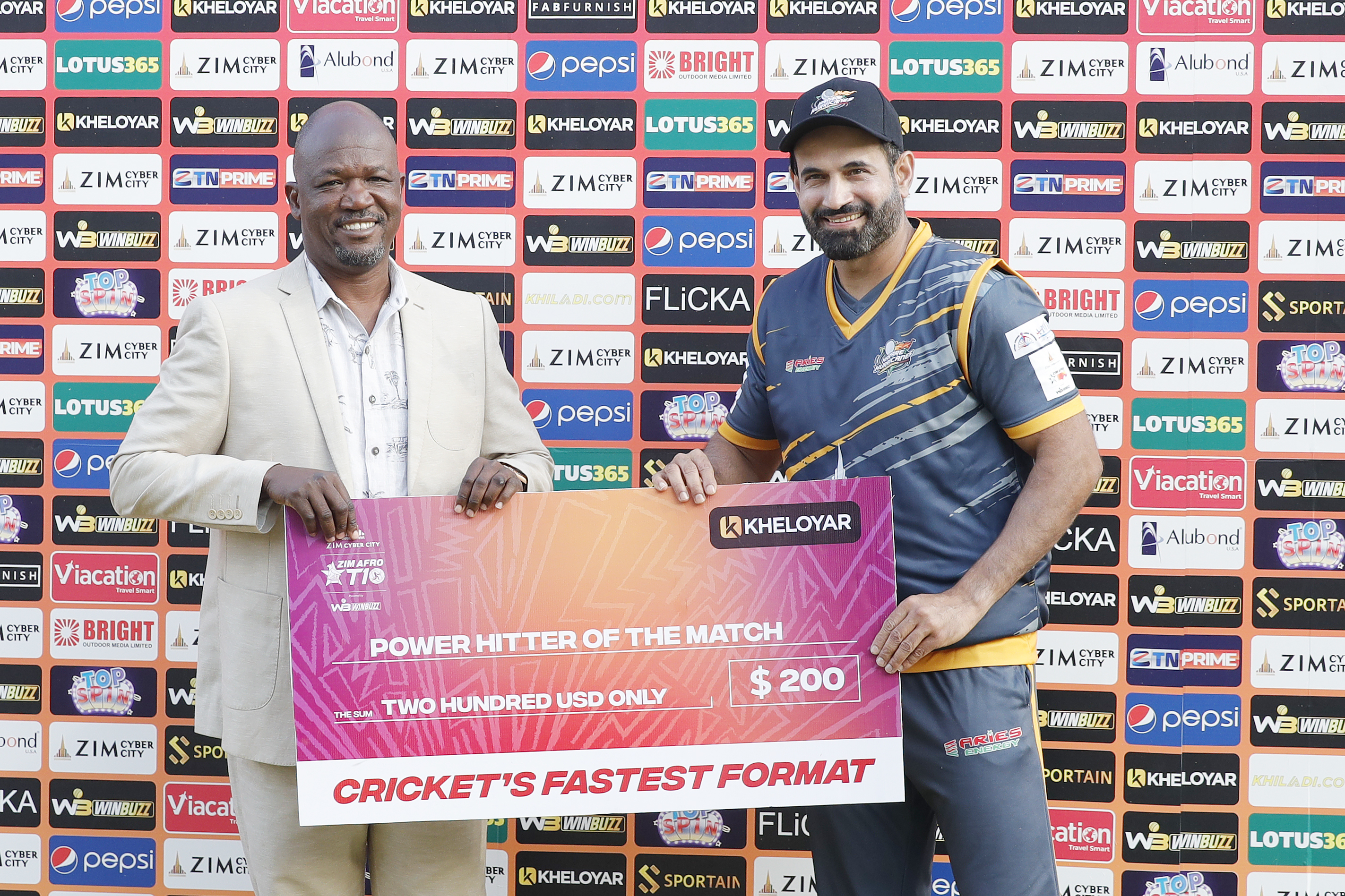 Irfan Pathan of Harare Hurricanes with Power Hitter of the Match award during match 7 of the Zim Afro T10 League between the Durban Qalandars and the Harare Hurricanes held at the Harare Sports Club in the Zimbabwe on the 23rd July 2023Photo by Saikat Das / ACEIMAGES for Zim Afro T10