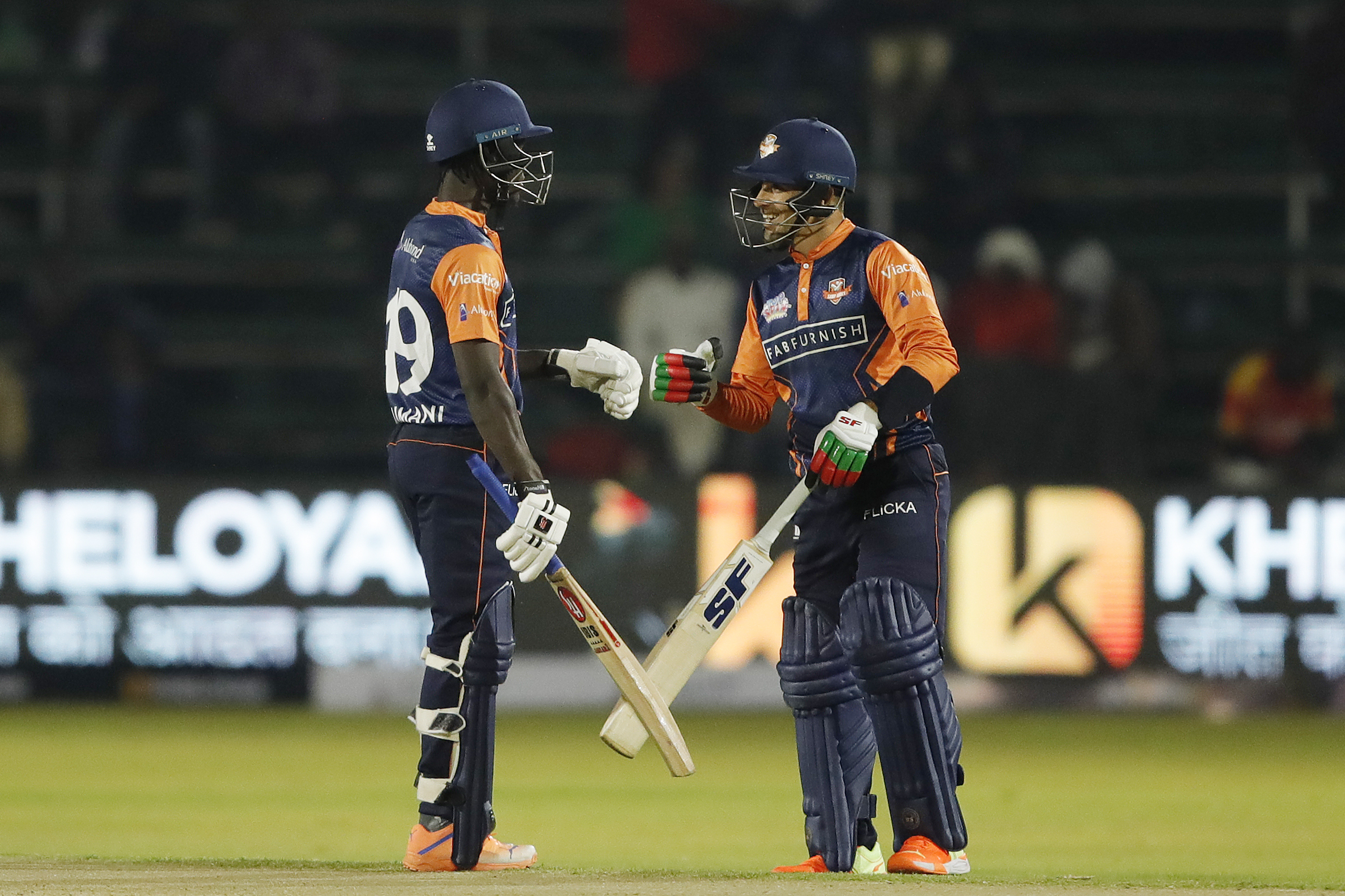 Tadshwani Marumani of Cape Town Samp Army and Rahmanullah Gurbaz of Cape Town Samp Army during match 8 of the Zim Afro T10 League between the Johannesburg Buffaloes and the Cape Town Samp Army held at the Harare Sports Club in the Zimbabwe on the 23rd July 2023Photo by Saikat Das / ACEIMAGES for Zim Afro T10