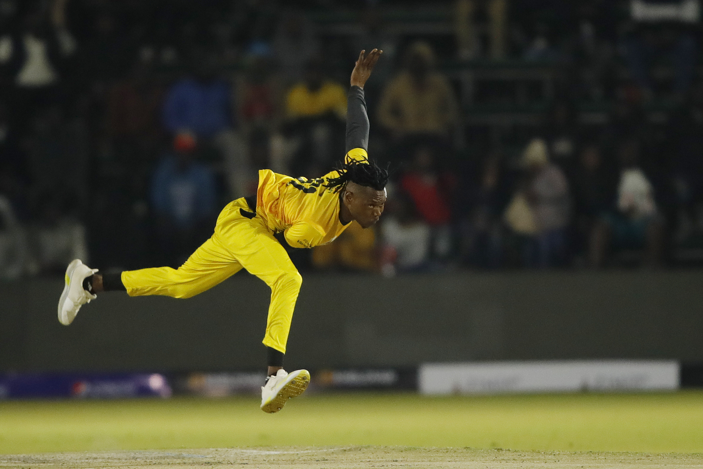 Victor Nyauchi of Joburg Buffaloes bowling during match 8 of the Zim Afro T10 League between the Johannesburg Buffaloes and the Cape Town Samp Army held at the Harare Sports Club in the Zimbabwe on the 23rd July 2023Photo by Saikat Das / ACEIMAGES for Zim Afro T10