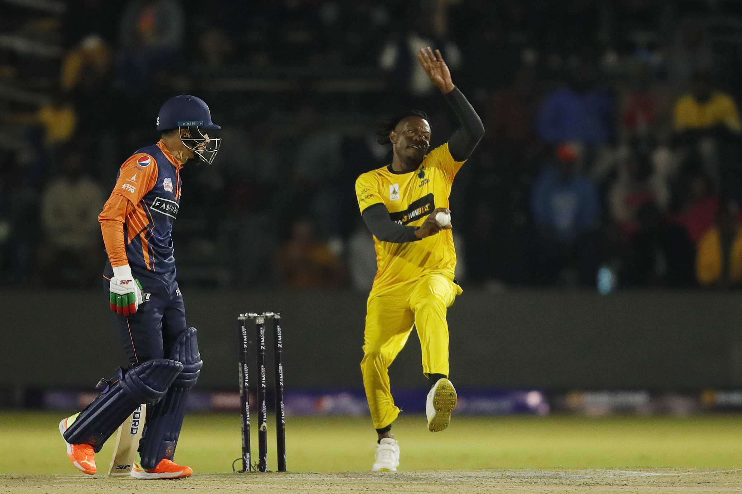 Victor Nyauchi of Joburg Buffaloes bowling during match 8 of the Zim Afro T10 League between the Johannesburg Buffaloes and the Cape Town Samp Army held at the Harare Sports Club in the Zimbabwe on the 23rd July 2023Photo by Saikat Das / ACEIMAGES for Zim Afro T10