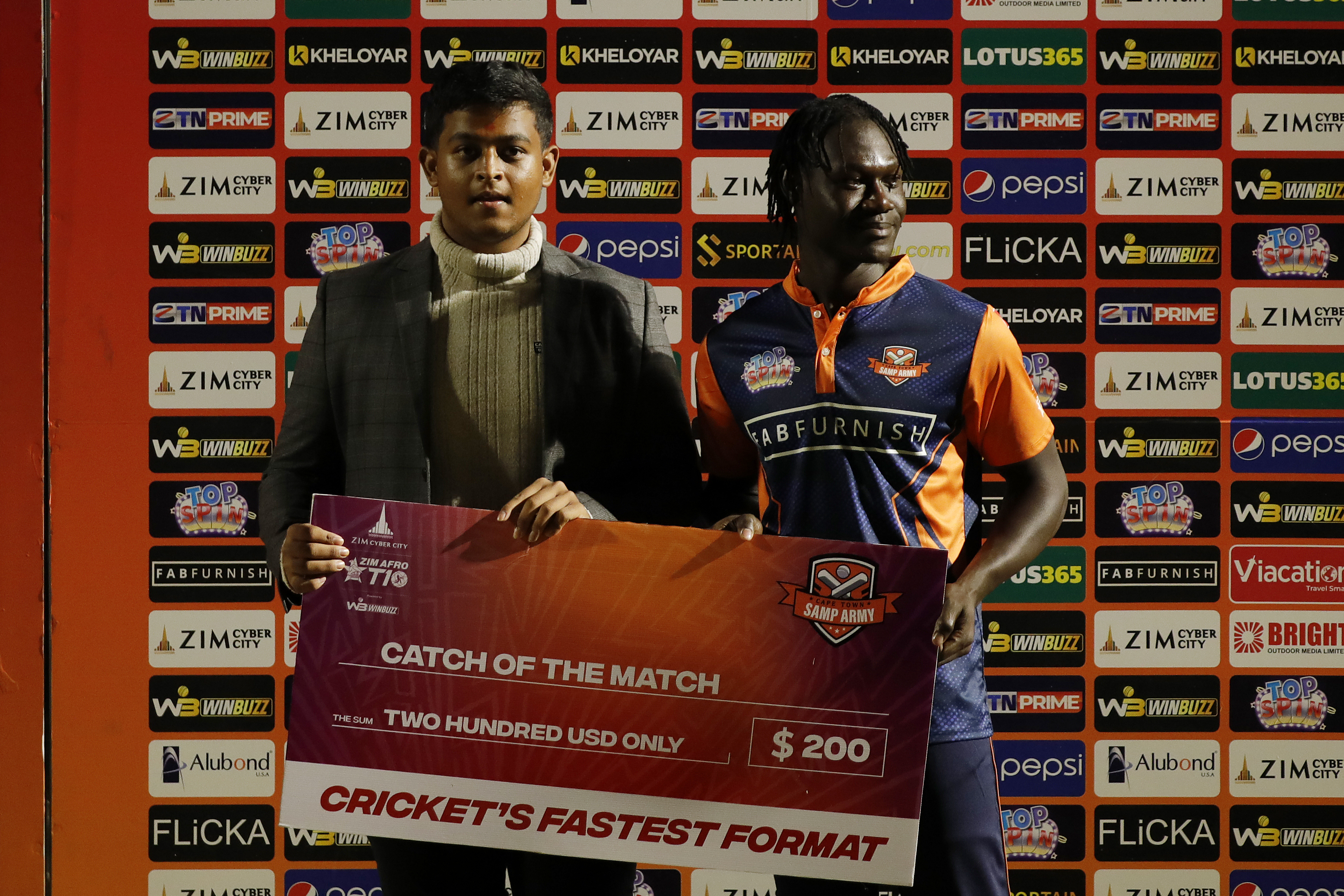 Tadshwani Marumani of Cape Town Samp Army with Catch of the Match Award during match 8 of the Zim Afro T10 League between the Johannesburg Buffaloes and the Cape Town Samp Army held at the Harare Sports Club in the Zimbabwe on the 23rd July 2023Photo by Saikat Das / ACEIMAGES for Zim Afro T10