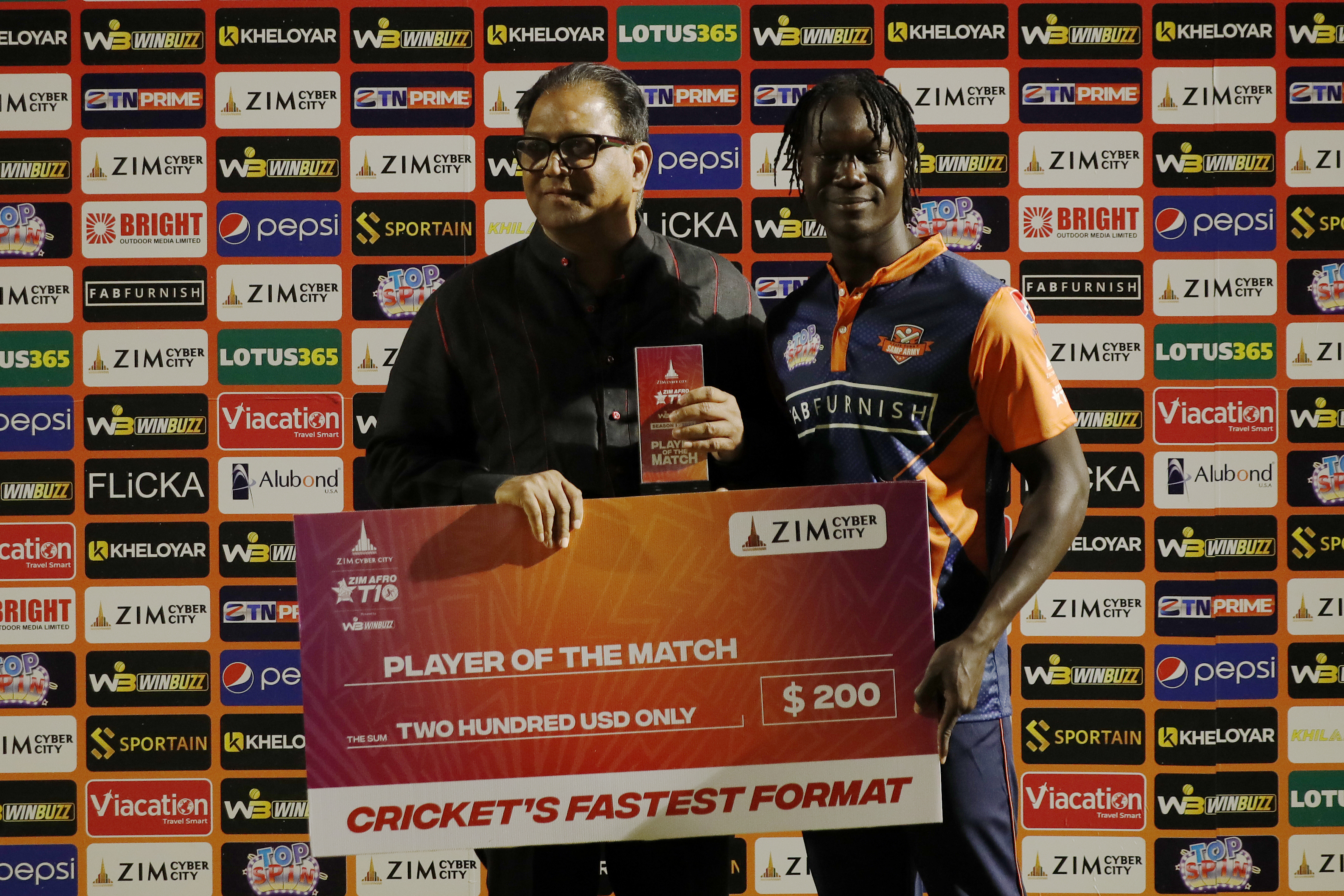 Tadshwani Marumani of Cape Town Samp Army with Player of the Match award during match 8 of the Zim Afro T10 League between the Johannesburg Buffaloes and the Cape Town Samp Army held at the Harare Sports Club in the Zimbabwe on the 23rd July 2023Photo by Saikat Das / ACEIMAGES for Zim Afro T10