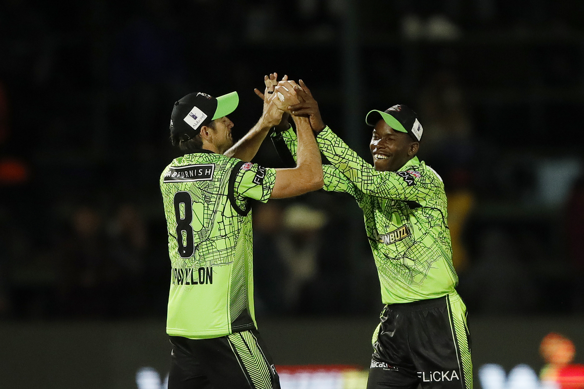 Daryn Dupavillon of Durban Qalandars celebrating the wicket of Sikander Raza (c) of Bulawayo Braves during match 9 of the Zim Afro T10 League between the Bulawayo Braves and the Durban Qalandars held at the Harare Sports Club in the Zimbabwe on the 23rd July 2023Photo by Saikat Das / ACEIMAGES for Zim Afro T10