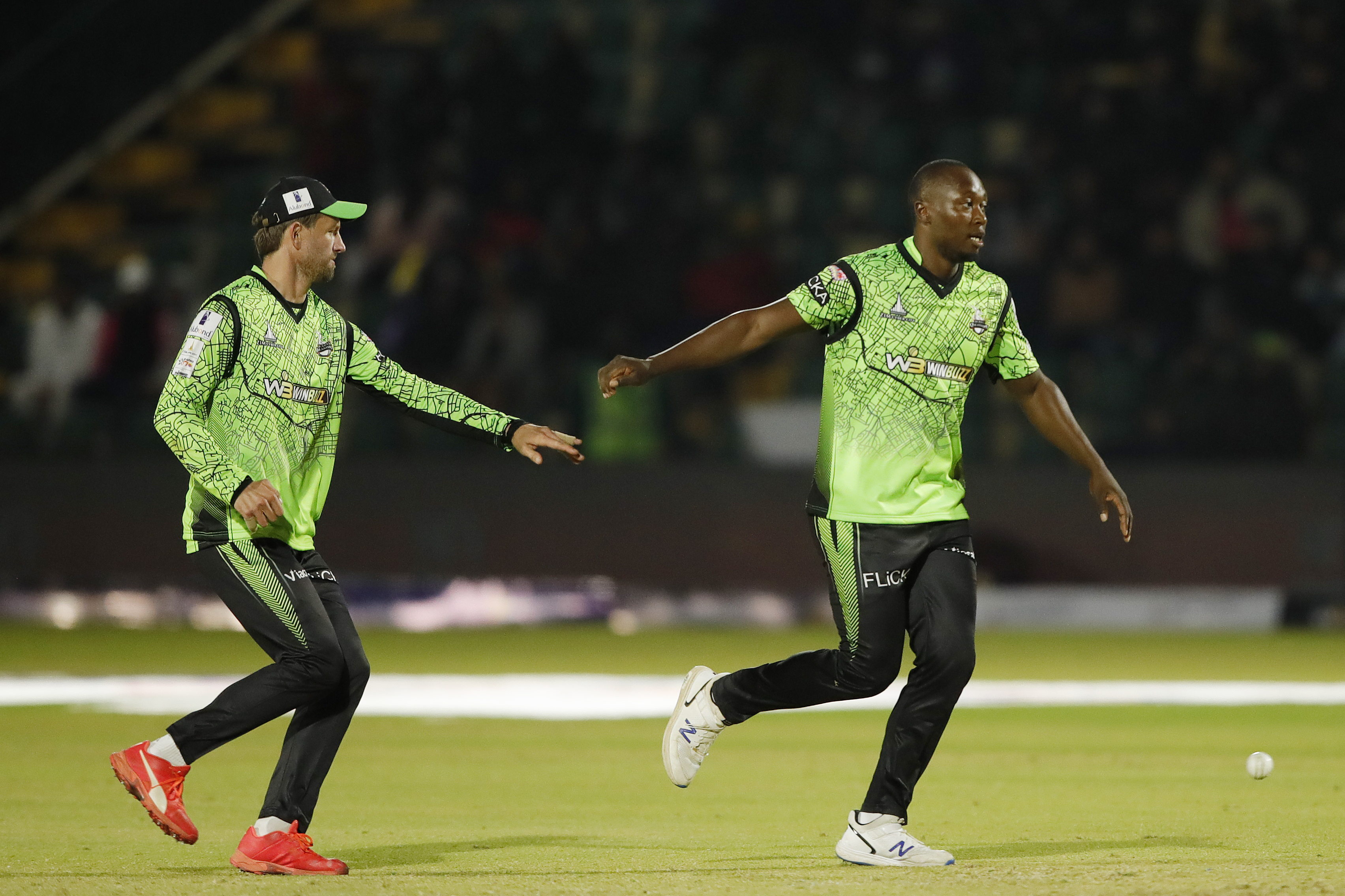Tendai Chatara of Durban Qalandars celebrating the wicket of Sikander Raza (c) of Bulawayo Braves during match 9 of the Zim Afro T10 League between the Bulawayo Braves and the Durban Qalandars held at the Harare Sports Club in the Zimbabwe on the 23rd July 2023Photo by Saikat Das / ACEIMAGES for Zim Afro T10