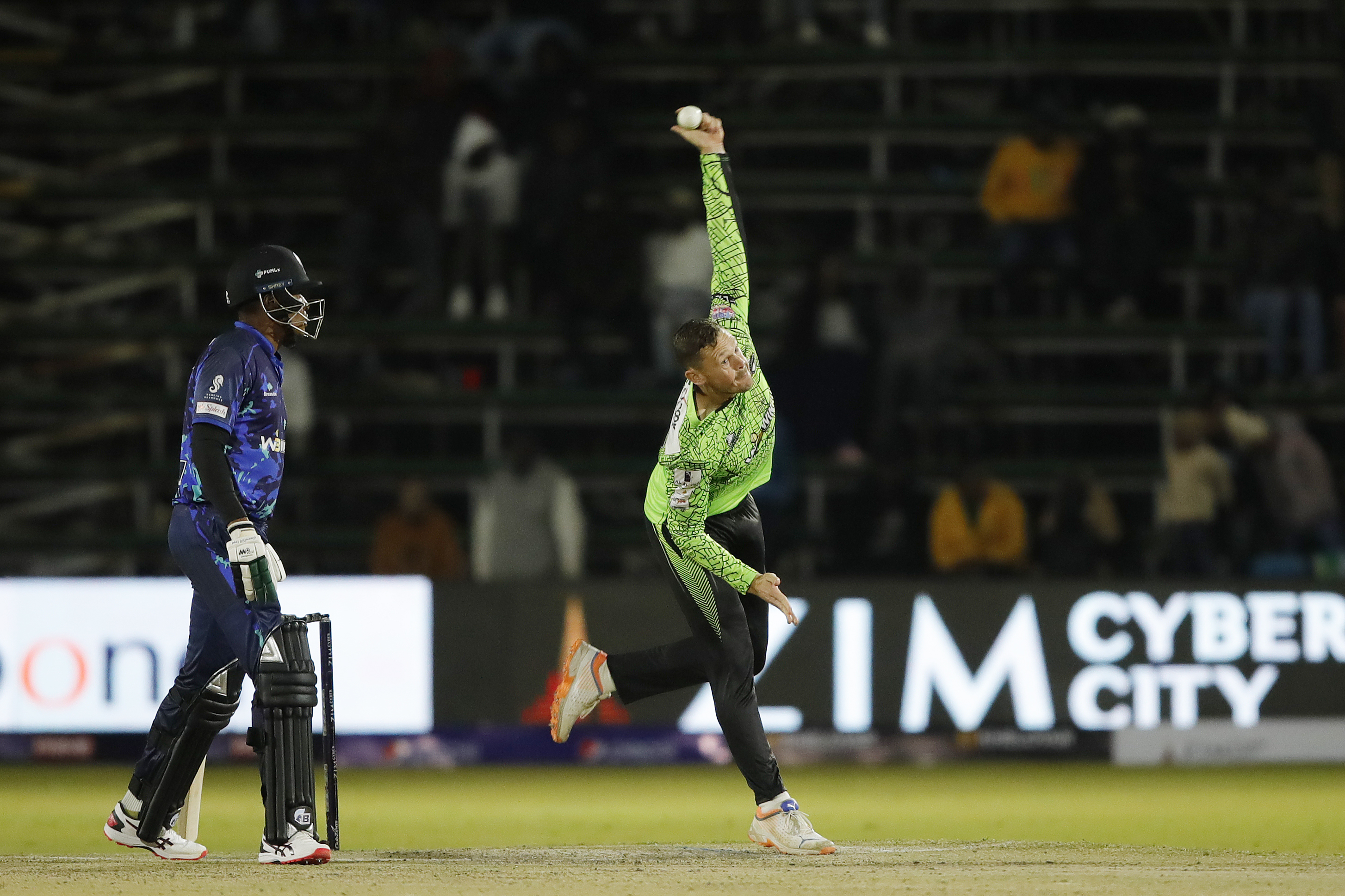 George Linde of Durban Qalandars bowling during match 9 of the Zim Afro T10 League between the Bulawayo Braves and the Durban Qalandars held at the Harare Sports Club in the Zimbabwe on the 23rd July 2023Photo by Saikat Das / ACEIMAGES for Zim Afro T10