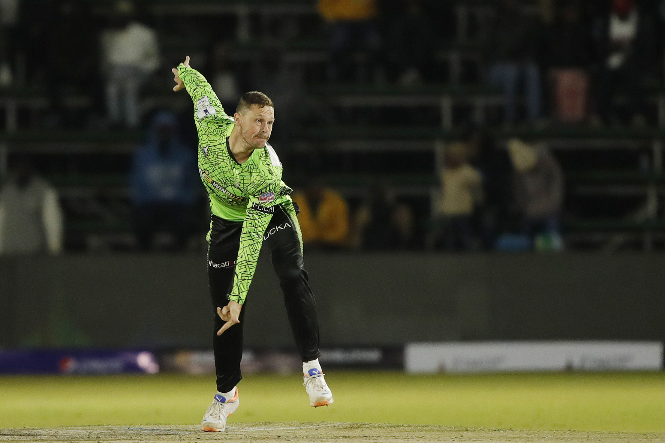 George Linde of Durban Qalandars bowling during match 9 of the Zim Afro T10 League between the Bulawayo Braves and the Durban Qalandars held at the Harare Sports Club in the Zimbabwe on the 23rd July 2023Photo by Saikat Das / ACEIMAGES for Zim Afro T10