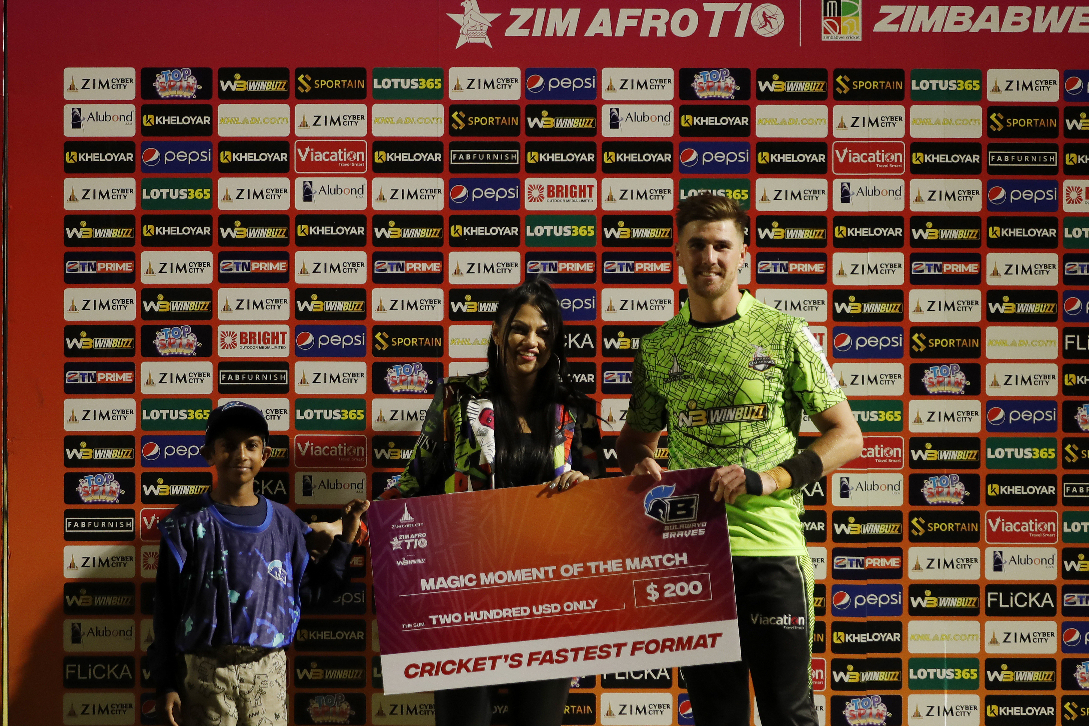 Brad Evans of with Player of the Match award during match 9 of the Zim Afro T10 League between the Bulawayo Braves and the Durban Qalandars held at the Harare Sports Club in the Zimbabwe on the 23rd July 2023Photo by Saikat Das / ACEIMAGES for Zim Afro T10