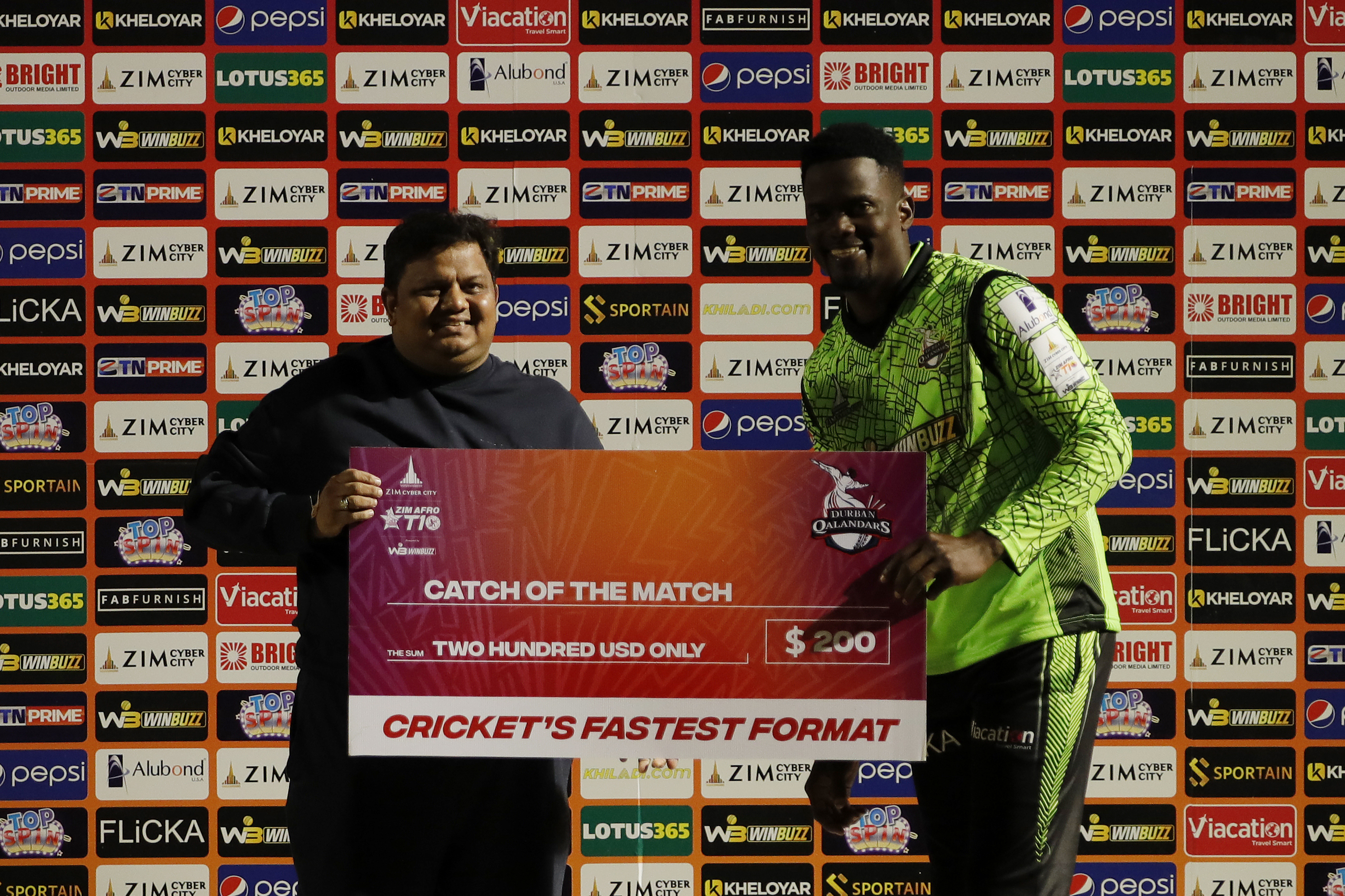 Andre Fleture of Durban Qalandars  with with Catch of the Match Award during match 9 of the Zim Afro T10 League between the Bulawayo Braves and the Durban Qalandars held at the Harare Sports Club in the Zimbabwe on the 23rd July 2023Photo by Saikat Das / ACEIMAGES for Zim Afro T10