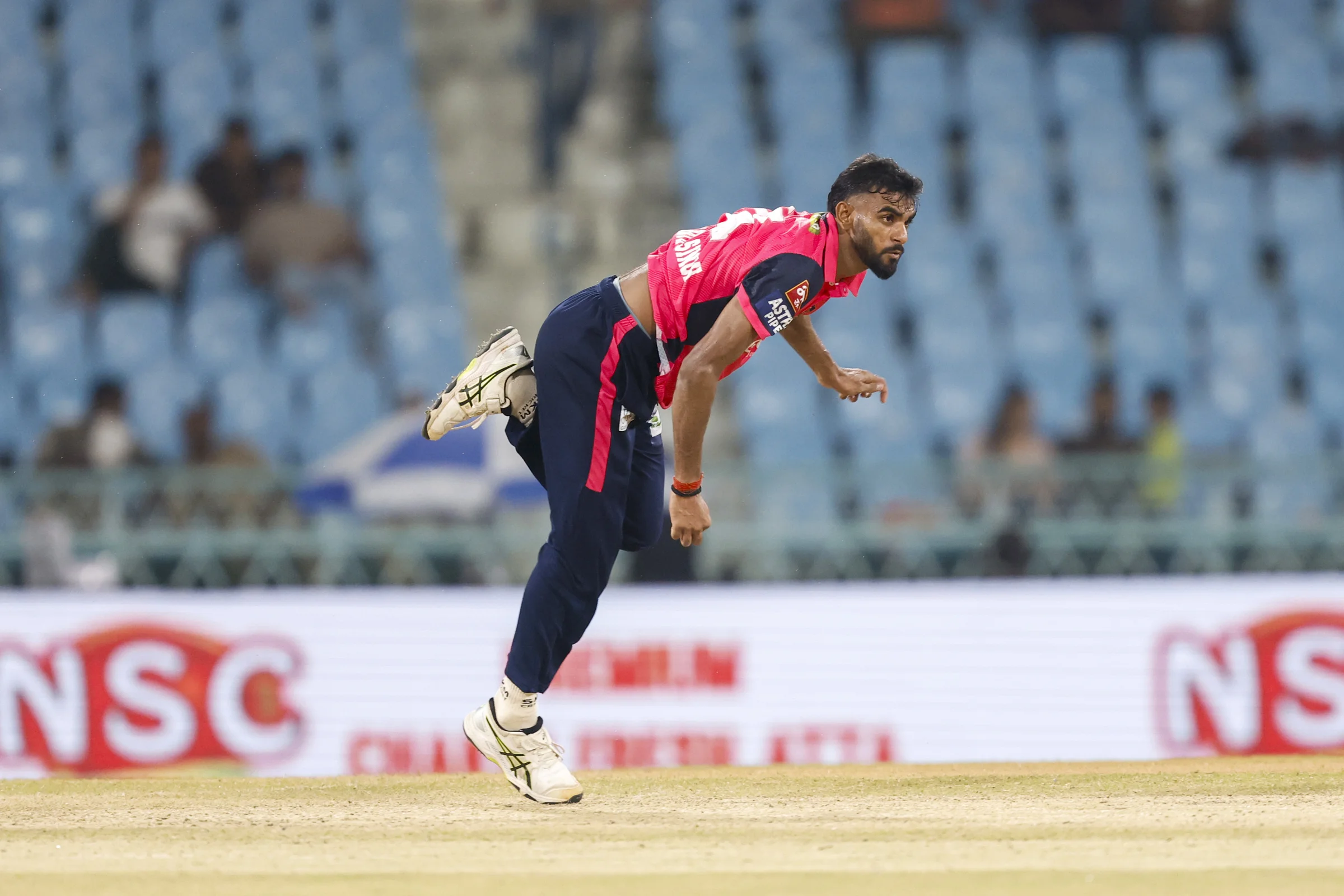 Teerath Singh of Gaur Gorakhpur Lions during the UPT20 League Season 4 night clash on 16 August 2026 at Bharat Ratna Shri Atal Bihari Vajpayee Ekana Cricket Stadium, Lucknow, Uttar Pradesh, India, Gaur Gorakhpur Lions take on defending champions Meerut Mavericks in Match 5 under lights as Purvanchal’s pride meets Meerut’s grit in a high‑intensity T20 battle.Photos by:Arjun Singh / aceimages.in for UPT20