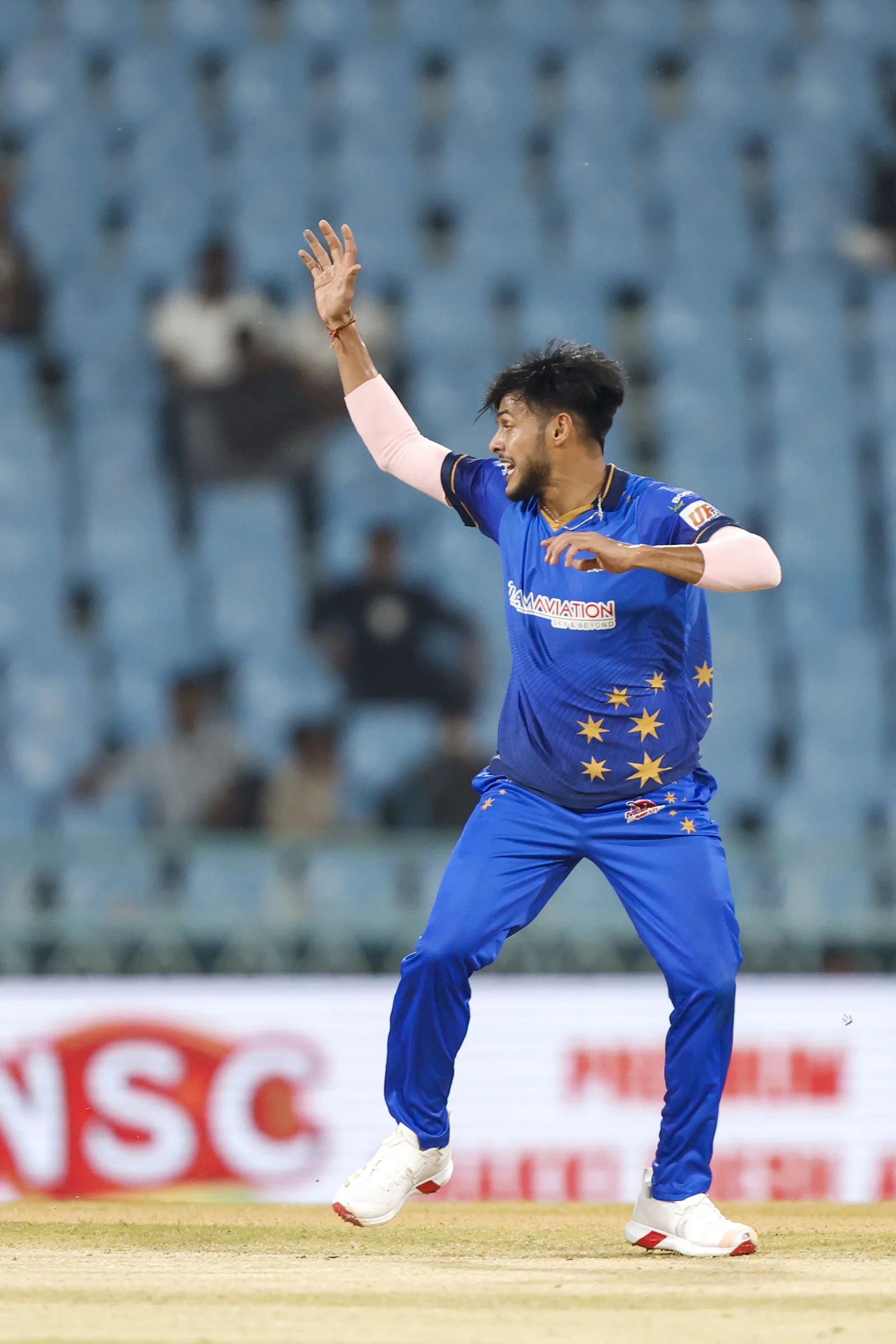 Vijay Kumar of Meerut Mavericks during the UPT20 League Season 4 night clash on 16 August 2026 at Bharat Ratna Shri Atal Bihari Vajpayee Ekana Cricket Stadium, Lucknow, Uttar Pradesh, India, Gaur Gorakhpur Lions take on defending champions Meerut Mavericks in Match 5 under lights as Purvanchal’s pride meets Meerut’s grit in a high‑intensity T20 battle.Photos by:Arjun Singh / aceimages.in for UPT20