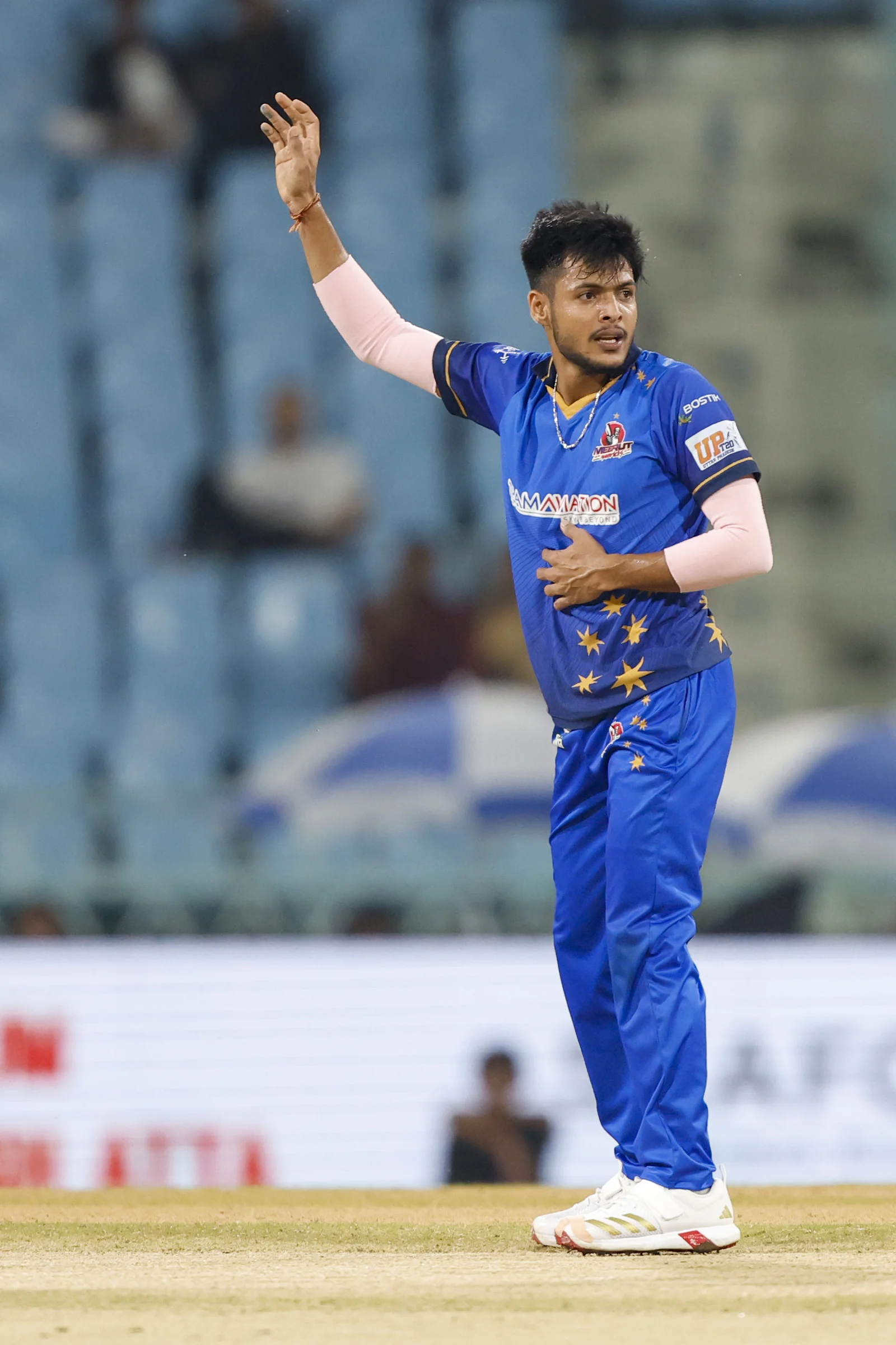 Vijay Kumar of Meerut Mavericks during the UPT20 League Season 4 night clash on 16 August 2026 at Bharat Ratna Shri Atal Bihari Vajpayee Ekana Cricket Stadium, Lucknow, Uttar Pradesh, India, Gaur Gorakhpur Lions take on defending champions Meerut Mavericks in Match 5 under lights as Purvanchal’s pride meets Meerut’s grit in a high‑intensity T20 battle.Photos by:Arjun Singh / aceimages.in for UPT20