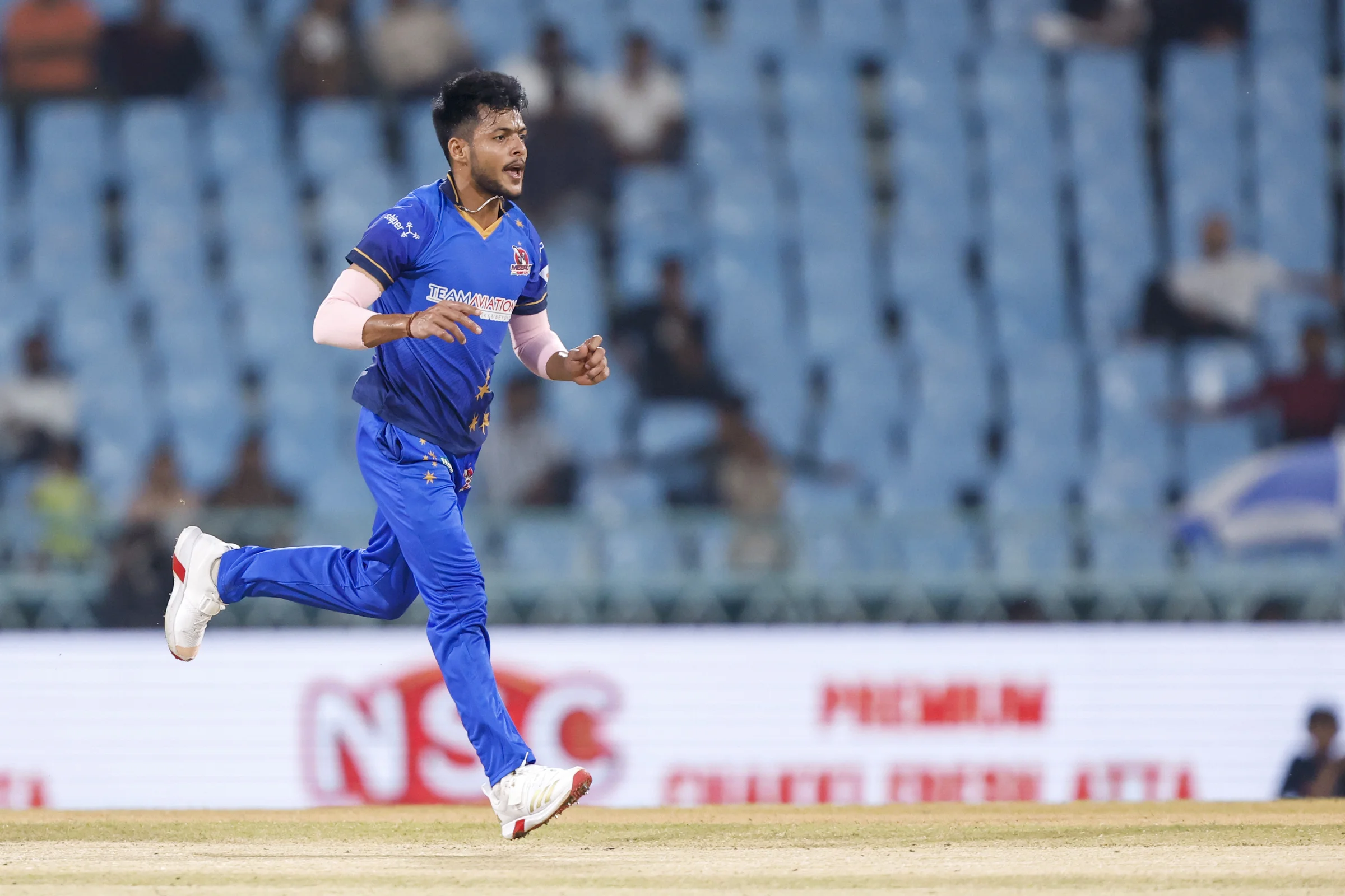 Vijay Kumar of Meerut Mavericks during the UPT20 League Season 4 night clash on 16 August 2026 at Bharat Ratna Shri Atal Bihari Vajpayee Ekana Cricket Stadium, Lucknow, Uttar Pradesh, India, Gaur Gorakhpur Lions take on defending champions Meerut Mavericks in Match 5 under lights as Purvanchal’s pride meets Meerut’s grit in a high‑intensity T20 battle.Photos by:Arjun Singh / aceimages.in for UPT20