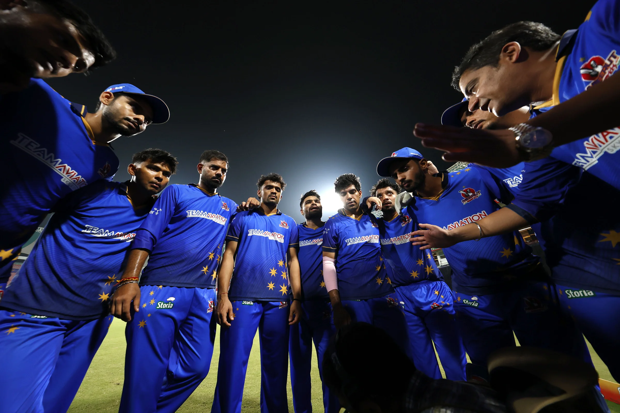Meerut Mavericks huddle during the UPT20 League Season 4 night clash on 16 August 2026 at Bharat Ratna Shri Atal Bihari Vajpayee Ekana Cricket Stadium, Lucknow, Uttar Pradesh, India, Gaur Gorakhpur Lions take on defending champions Meerut Mavericks in Match 5 under lights as Purvanchal’s pride meets Meerut’s grit in a high‑intensity T20 battle.Photos by: Tamal Das / aceimages.in for UPT20