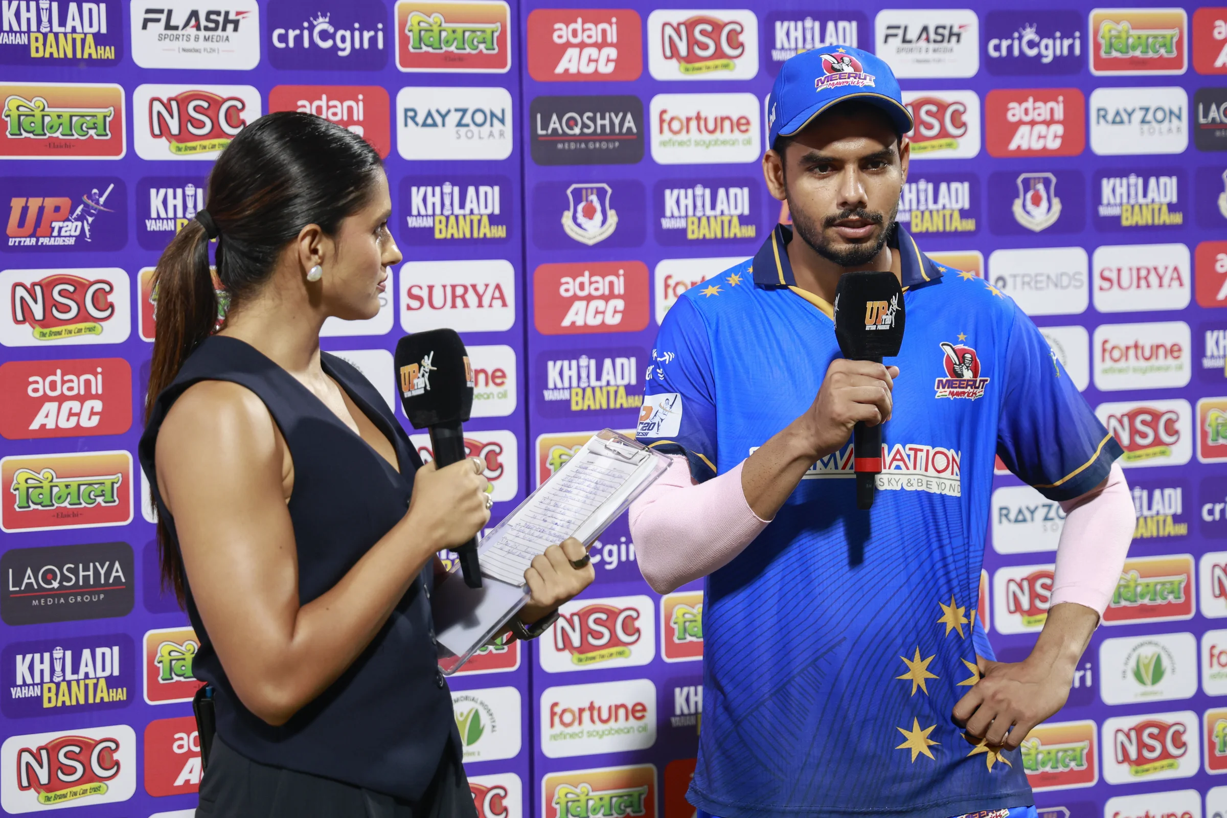 Rituraj Sharma of Meerut Mavericks at TV interview during the UPT20 League Season 4 night clash on 16 August 2026 at Bharat Ratna Shri Atal Bihari Vajpayee Ekana Cricket Stadium, Lucknow, Uttar Pradesh, India, Gaur Gorakhpur Lions take on defending champions Meerut Mavericks in Match 5 under lights as Purvanchal’s pride meets Meerut’s grit in a high‑intensity T20 battle.Photos by: Tamal Das / aceimages.in for UPT20