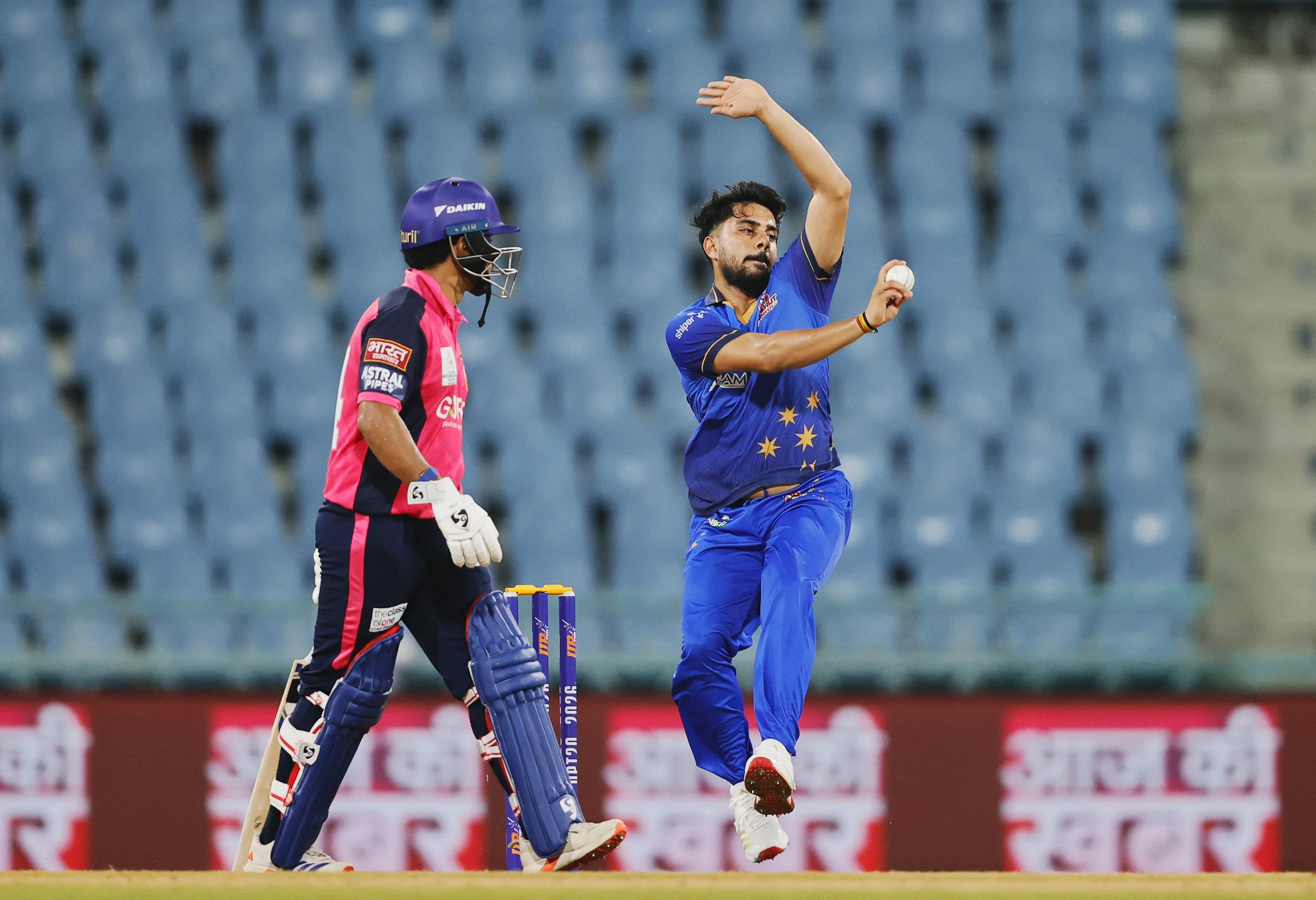 Kunal Yadav of Meerut Mavericks bowling during the UPT20 League Season 4 night clash on 16 August 2026 at Bharat Ratna Shri Atal Bihari Vajpayee Ekana Cricket Stadium, Lucknow, Uttar Pradesh, India, Gaur Gorakhpur Lions take on defending champions Meerut Mavericks in Match 5 under lights as Purvanchal’s pride meets Meerut’s grit in a high‑intensity T20 battle.Photos by: s Saikat Das / aceimages.in for UPT20