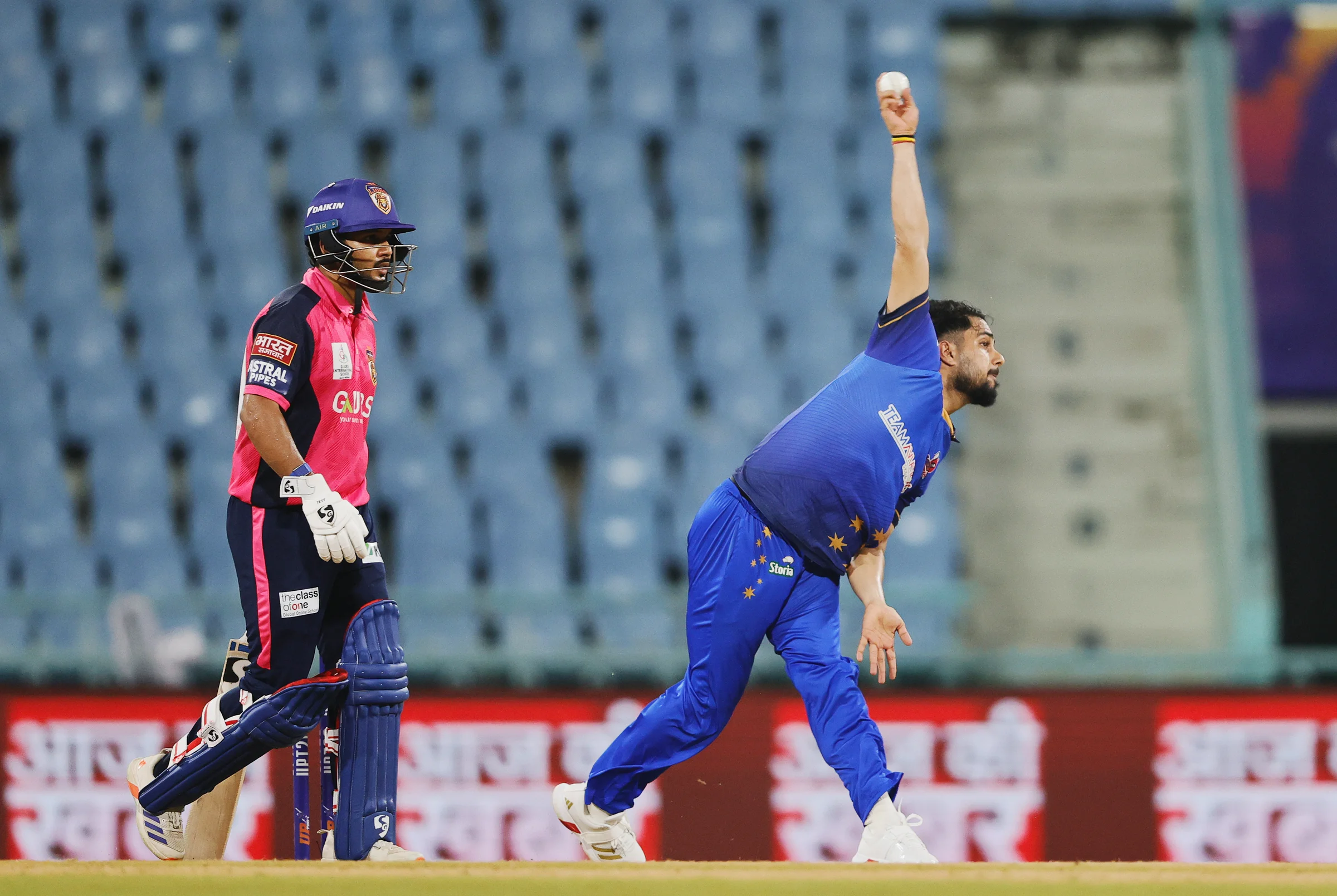 Kunal Yadav of Meerut Mavericks bowling during the UPT20 League Season 4 night clash on 16 August 2026 at Bharat Ratna Shri Atal Bihari Vajpayee Ekana Cricket Stadium, Lucknow, Uttar Pradesh, India, Gaur Gorakhpur Lions take on defending champions Meerut Mavericks in Match 5 under lights as Purvanchal’s pride meets Meerut’s grit in a high‑intensity T20 battle.Photos by: s Saikat Das / aceimages.in for UPT20