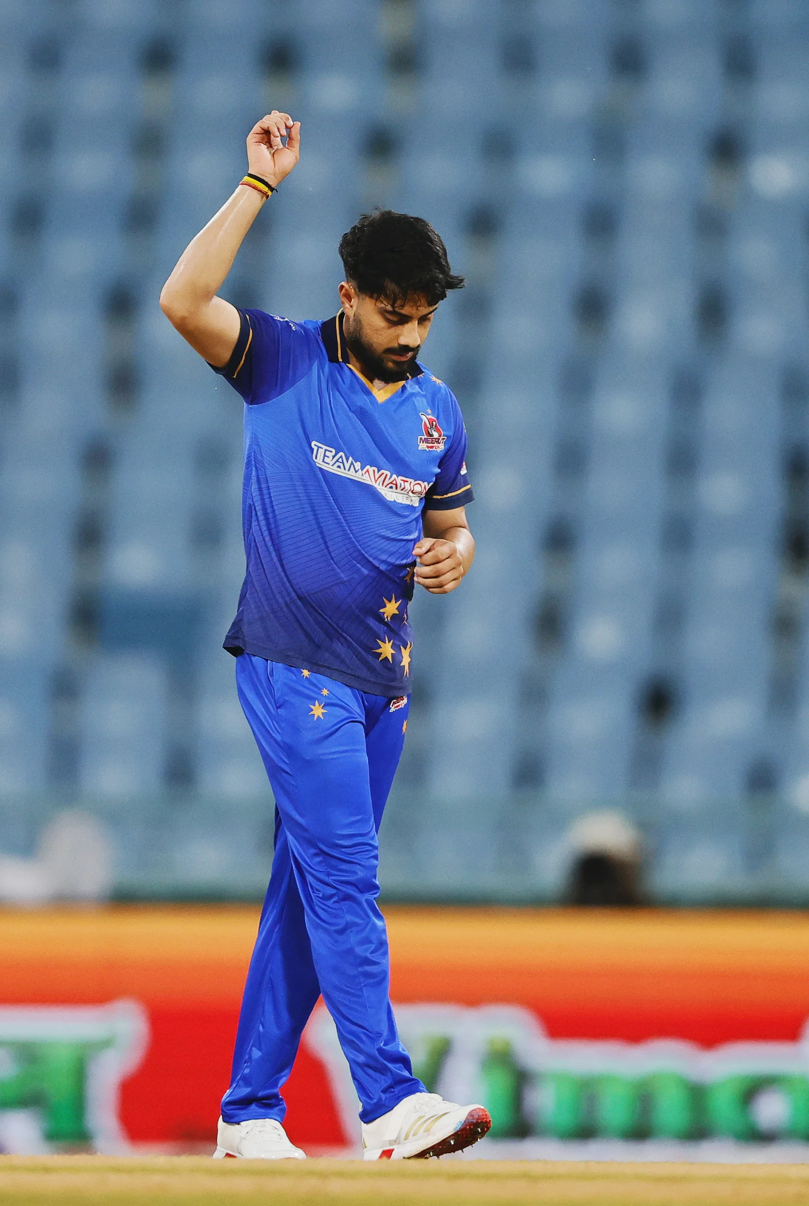 Kunal Yadav of Meerut Mavericks celebrating the wicket during the UPT20 League Season 4 night clash on 16 August 2026 at Bharat Ratna Shri Atal Bihari Vajpayee Ekana Cricket Stadium, Lucknow, Uttar Pradesh, India, Gaur Gorakhpur Lions take on defending champions Meerut Mavericks in Match 5 under lights as Purvanchal’s pride meets Meerut’s grit in a high‑intensity T20 battle.Photos by: s Saikat Das / aceimages.in for UPT20