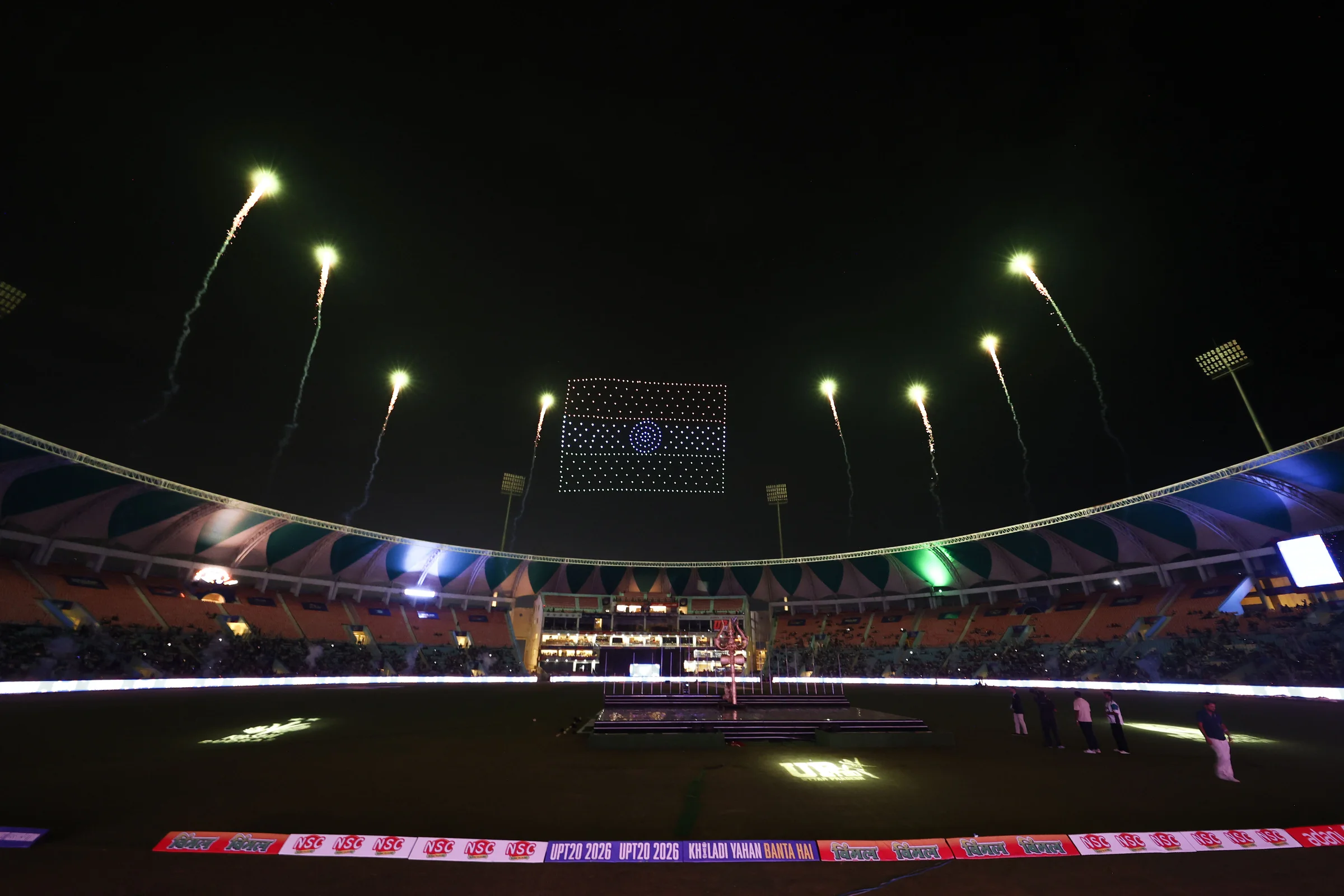Drone show India flag during the UPT20 League Season 4 grand opening ceremony and live concert on 14 August 2026 at Bharat Ratna Shri Atal Bihari Vajpayee Ekana Cricket Stadium, Lucknow, Uttar Pradesh, India. Photos by: Tamal Das / aceimages.in for UPT20