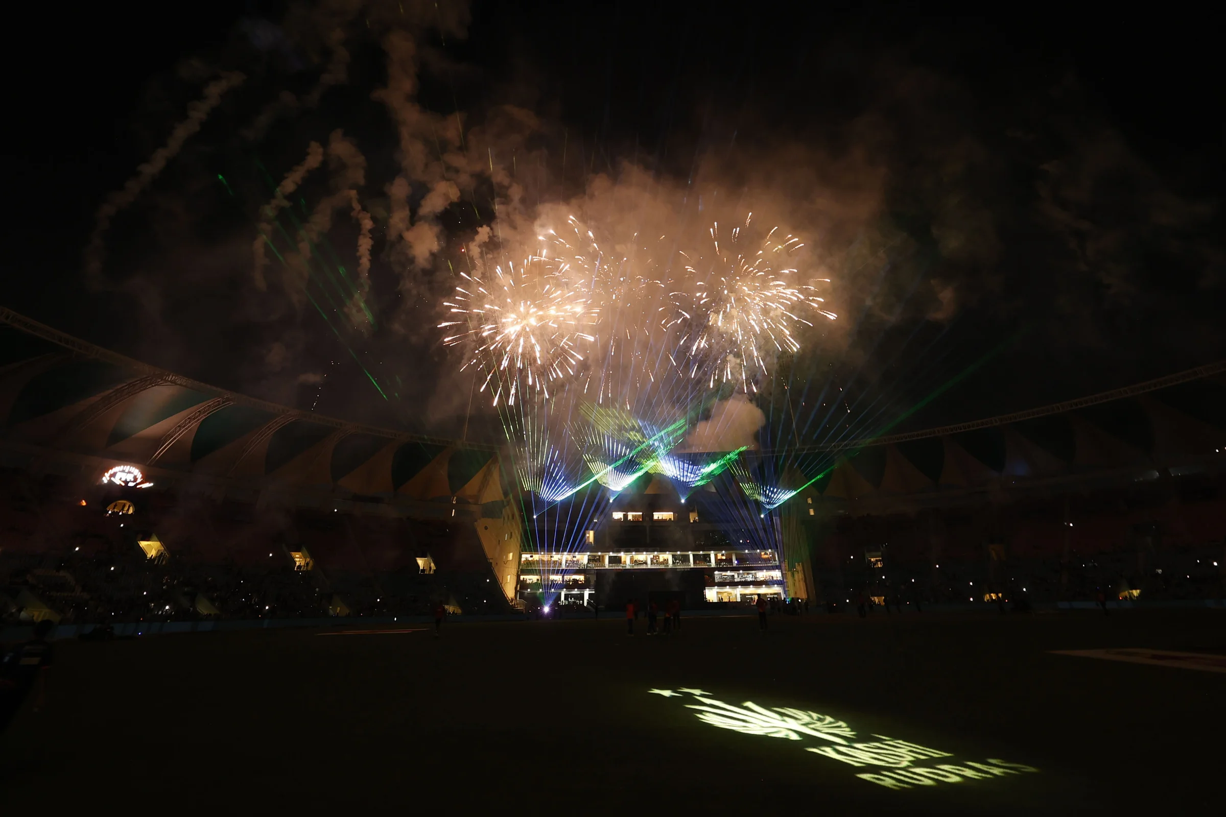 Light show  and Fireworks at innings break during the UPT20 League 2026 Season 4 opening clash between Kashi Rudras and defending champions Meerut Mavericks at Bharat Ratna Shri Atal Bihari Vajpayee Ekana Cricket Stadium, Lucknow, Uttar Pradesh, India, intense evening T20 action lights up Match 1 of the tournament.Photos by: Tamal Das / aceimages.in for UPT20