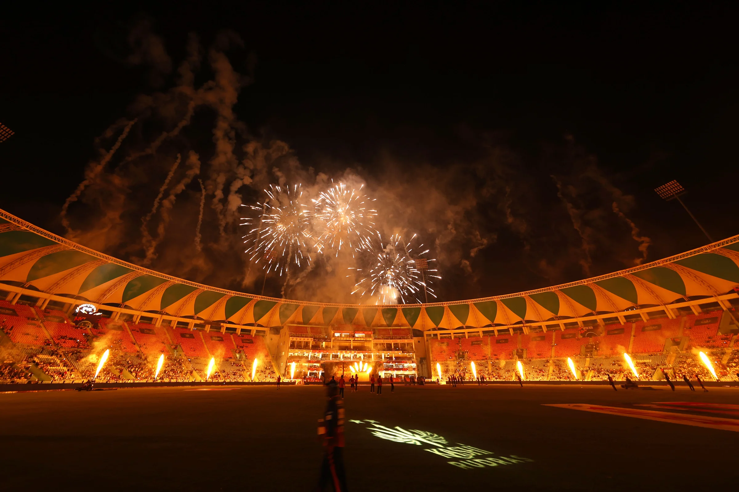 Light show  and Fireworks at innings break during the UPT20 League 2026 Season 4 opening clash between Kashi Rudras and defending champions Meerut Mavericks at Bharat Ratna Shri Atal Bihari Vajpayee Ekana Cricket Stadium, Lucknow, Uttar Pradesh, India, intense evening T20 action lights up Match 1 of the tournament.Photos by: Tamal Das / aceimages.in for UPT20