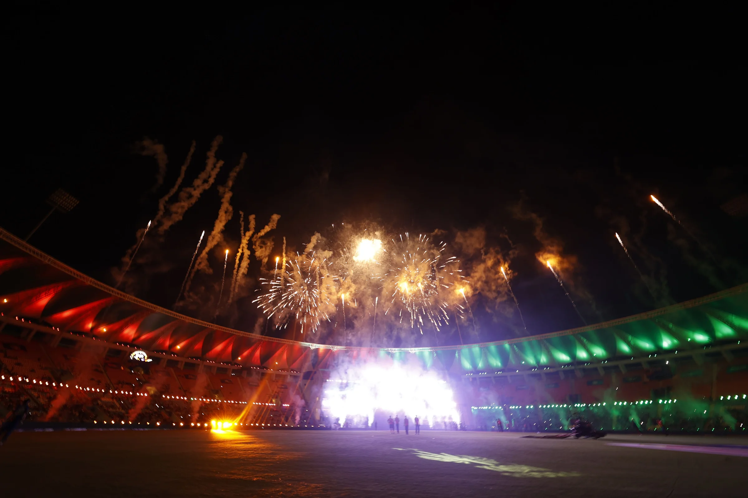 Light show  and Fireworks at innings break during the UPT20 League 2026 Season 4 opening clash between Kashi Rudras and defending champions Meerut Mavericks at Bharat Ratna Shri Atal Bihari Vajpayee Ekana Cricket Stadium, Lucknow, Uttar Pradesh, India, intense evening T20 action lights up Match 1 of the tournament.Photos by: Tamal Das / aceimages.in for UPT20
