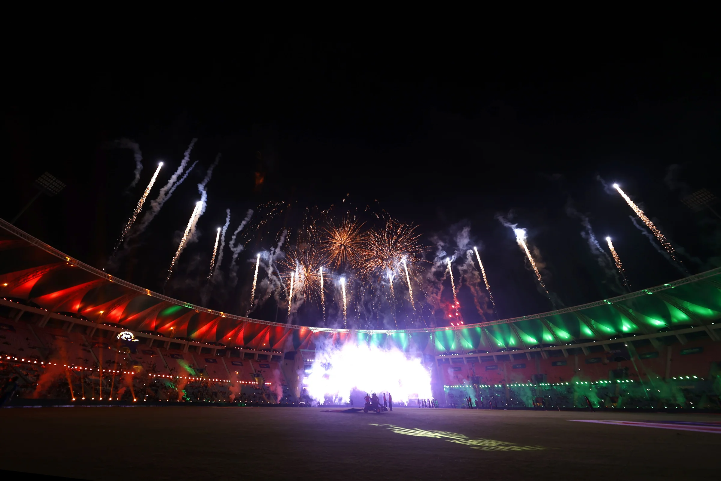 Light show  and Fireworks at innings break during the UPT20 League 2026 Season 4 opening clash between Kashi Rudras and defending champions Meerut Mavericks at Bharat Ratna Shri Atal Bihari Vajpayee Ekana Cricket Stadium, Lucknow, Uttar Pradesh, India, intense evening T20 action lights up Match 1 of the tournament.Photos by: Tamal Das / aceimages.in for UPT20